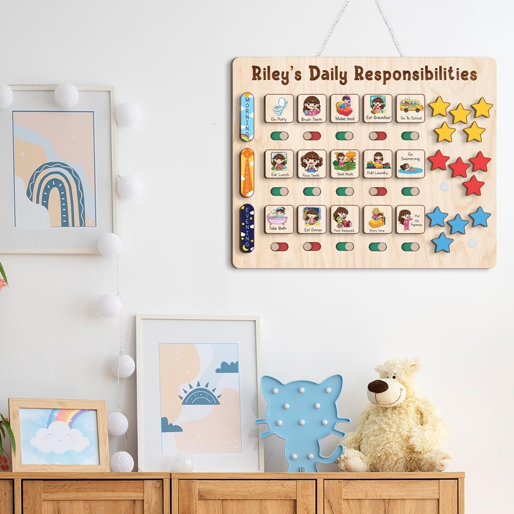 TinyKidz Wooden Daily Routine Chart 11x15, Schedule Board for Kids, Wooden Chore Chart for Kids, Responsibilities Chart for Toddlers, Morning Bedtime Routine for Toddlers