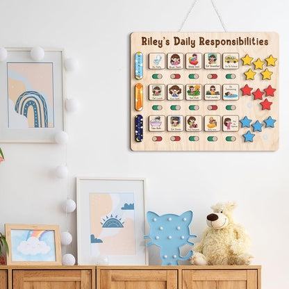 TinyKidz Wooden Daily Routine Chart 11x15, Schedule Board for Kids, Wooden Chore Chart for Kids, Responsibilities Chart for Toddlers, Morning Bedtime Routine for Toddlers