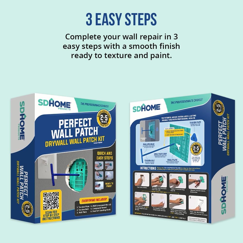 Drywall Repair Kit by SD Home, Fix Large Holes Fast, Wall Plate, 2 Patch Dry Compound Bags, Sanding Block & Trowel, Perfect Drywall Hole Patch Solution, Quick & Easy Filler, Wall Putty, Spackle Paste