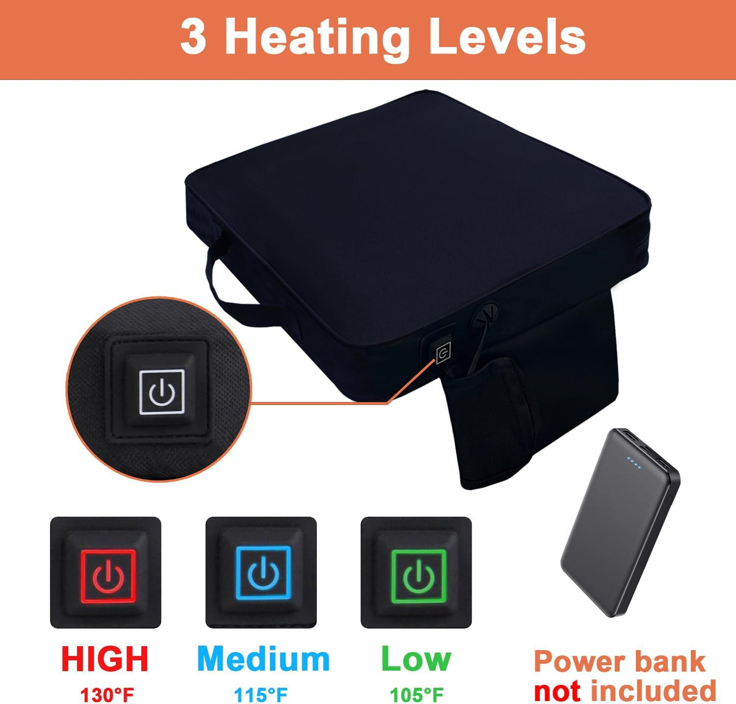 2 Pack Heated Black Stadium Seat Cushions for Bleachers, Extra Thick 2.4" Waterproof 600D Oxford Cushion with Handle & Zipper, Portable Indoor Outdoor for Sports Events, Office Chairs, Beaches