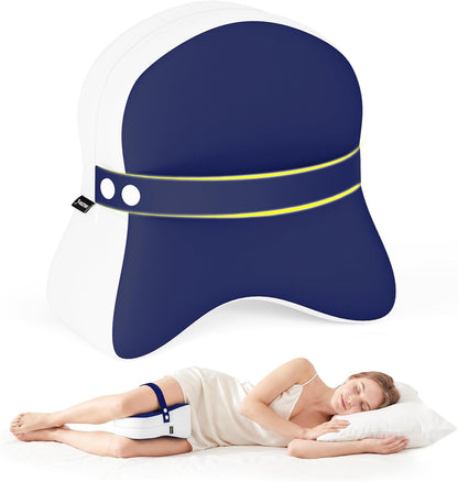 Knee Pillow for Side Sleepers - Removable Adjustable Strap Between Leg Pillow for Side Sleeping - Cooling Cover Memory Foam Knee Pillow for Hip Pain, Spine Alignment, Navy Blue
