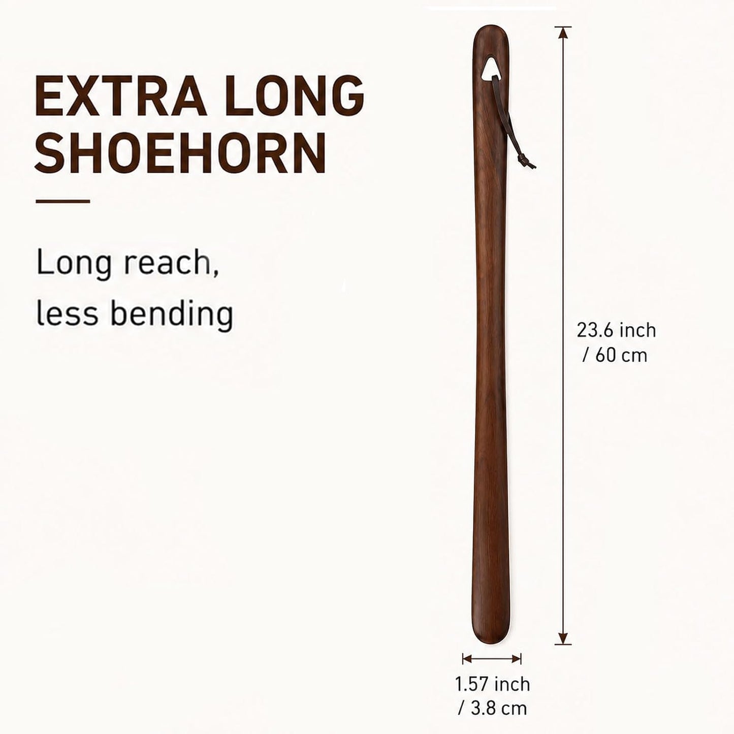 Shoe Horn Long Handle for Seniors, 2-Pack Extra Long Wooden Shoe horn | 23.6-Inch Black Walnut Boot Horn, Shoe Helper for Men and Women, Smooth Rounded Edge, No-Bend Use, Leather Hanging Loop