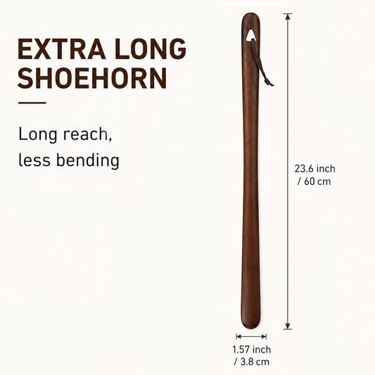 Shoe Horn Long Handle for Seniors, 2-Pack Extra Long Wooden Shoe horn | 23.6-Inch Black Walnut Boot Horn, Shoe Helper for Men and Women, Smooth Rounded Edge, No-Bend Use, Leather Hanging Loop