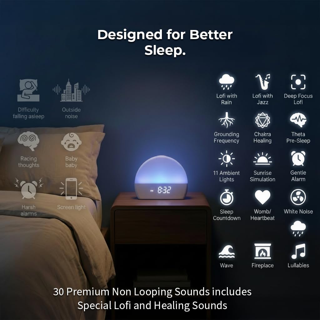 Sunrise Alarm Clock White Noise Sound Machine, Natural Wake Up Light for Adults, Baby and Pets – 30 Non-Looping Sleep Sounds, 10 Color Ambient Night Light, Screen-Free Sleep by Paus