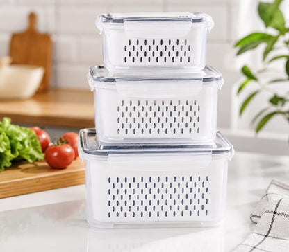 3-Pack BPA-Free Food Storage Containers with Lids & Removable Strainer – Airtight Fridge Organizer & Fresh Produce Keeper for Fruits, Vegetables & Meat, Dishwasher & Freezer Safe (0.85L, 1.75L, 3.3L)