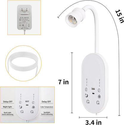 LED Wall Mounted Reading Light for Bed, Book Light for Reading with Touch Control, Stepless Dimmable, Flexible Gooseneck Bed Light with USB C+A, Night Light & Timers Function (White)