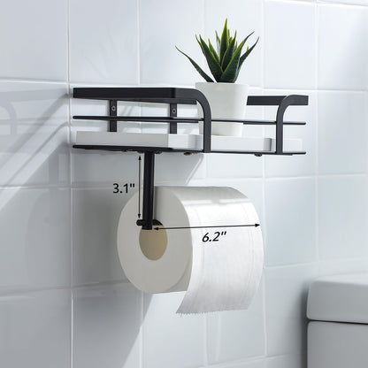Rustic Farmhouse Toilet Paper Holder with Shelf - Farmhouse Bathroom Rustic Country Decor - Rustic Bathroom Accessories with Warm Brown Wood Shelf for Wipes&Cell Phone&Reading, Black Metal