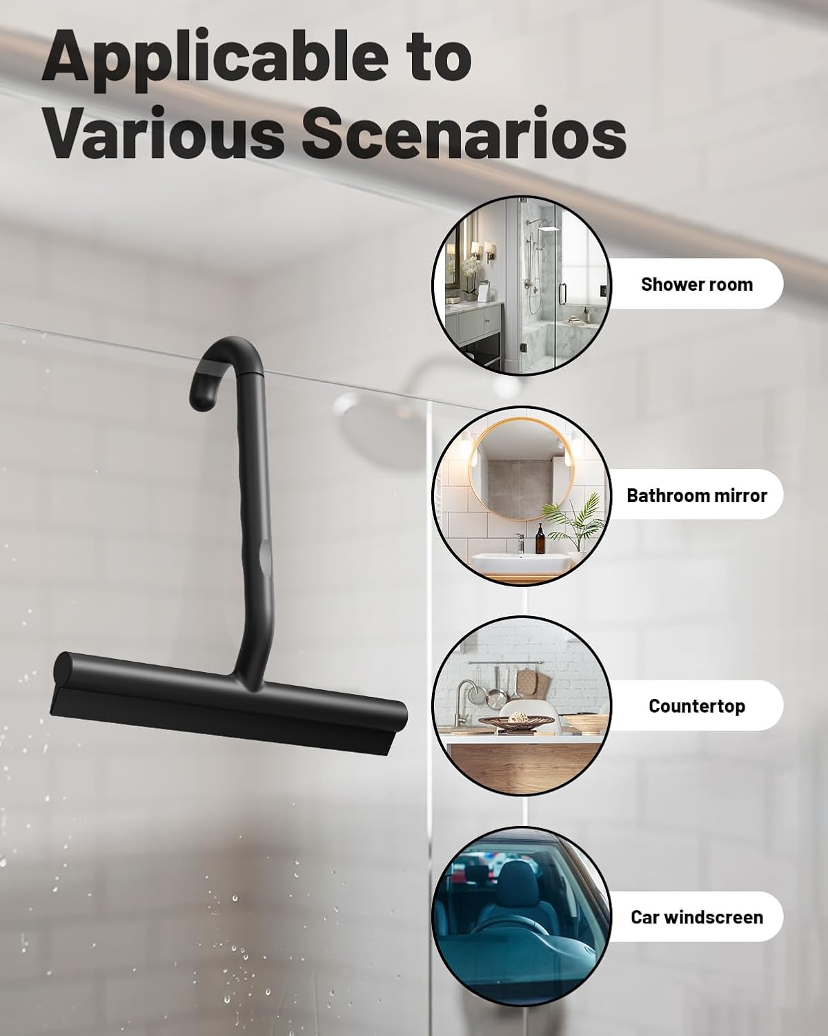 2-in-1 Silicone Shower Squeegee with Hook,Dual-Sided Design with Scraper & Scrub Surface,Rust-Proof Stainless Core,Streak-Free Bathroom Squeegee for Glass Doors,Mirrors,Windows,Car Windshields (Black)