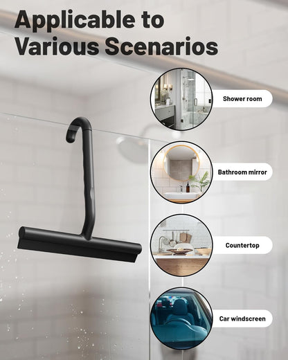 2-in-1 Silicone Shower Squeegee with Hook,Dual-Sided Design with Scraper & Scrub Surface,Rust-Proof Stainless Core,Streak-Free Bathroom Squeegee for Glass Doors,Mirrors,Windows,Car Windshields (Black)