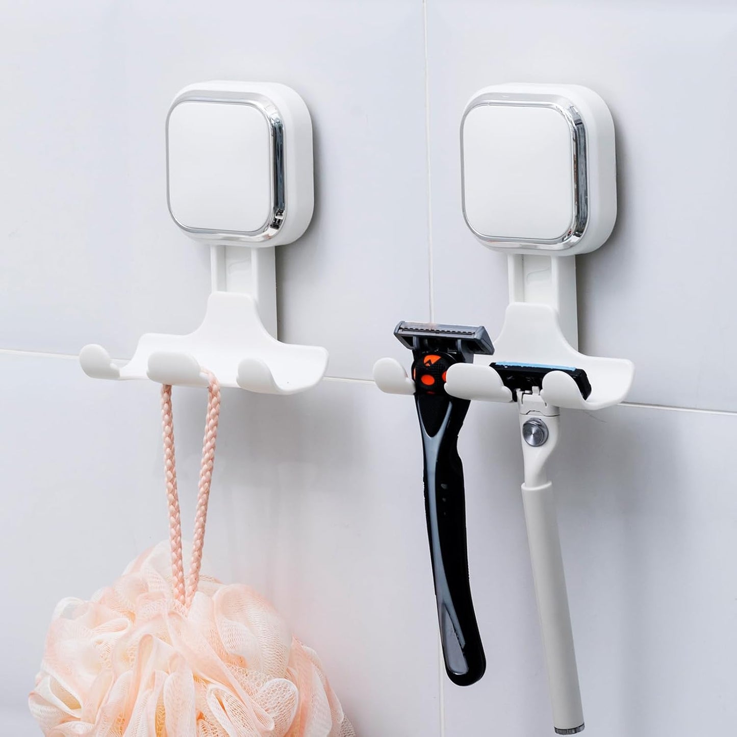 Razor Holder for Shower 2 Pack, Powerful Vacuum Suction Cup Hook for Towel, Loofah, Razor, Squeegee, Damage-Free Wall Shower Hook, Shaver Holder for Bathroom, Easy to Install and Reuse, Black