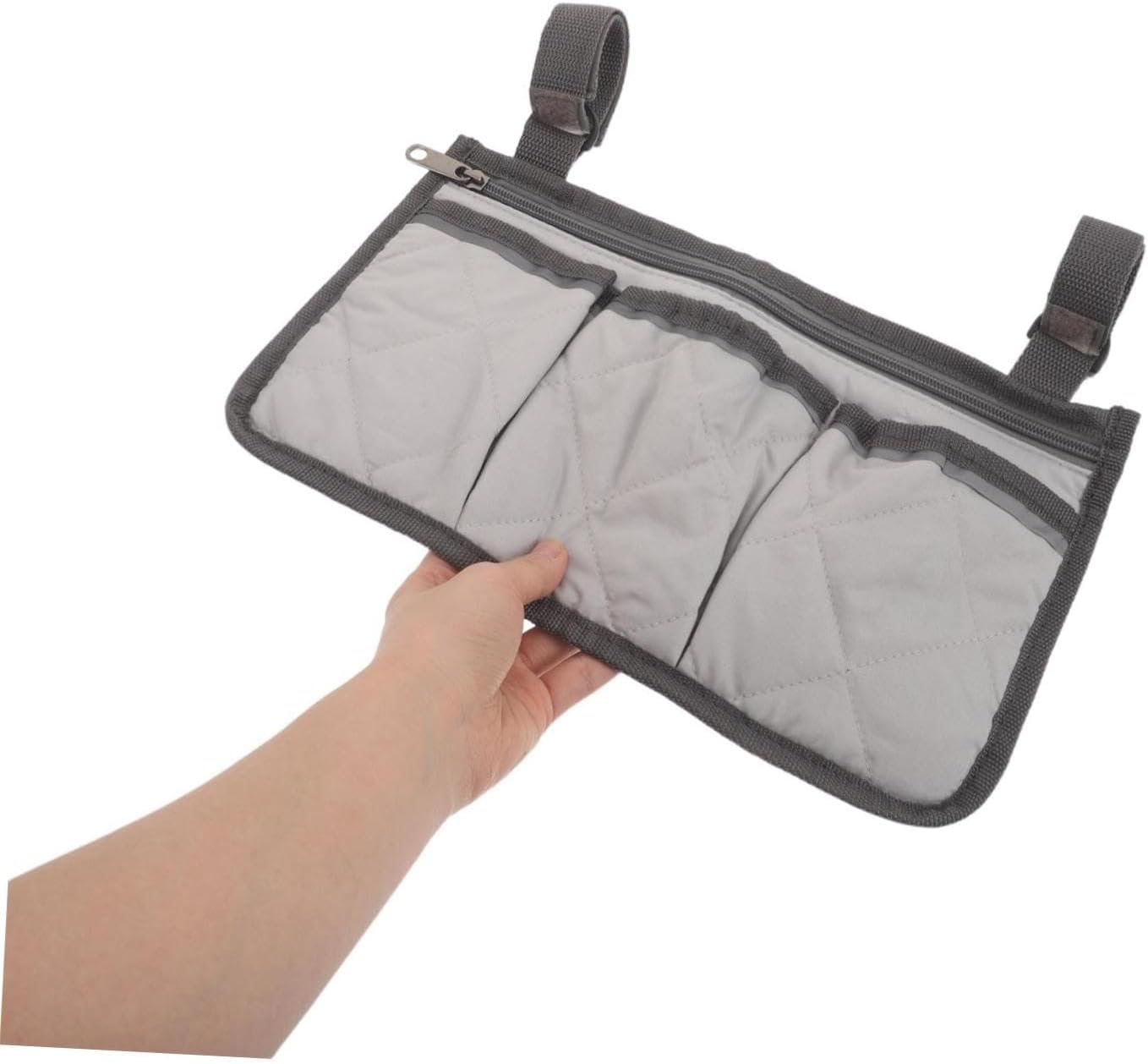 Bed Rail Organizer with 4 Pockets, Safety Bed Assist Rail Storage Bag with Cup Holder, Gray Bedside Caddy for Mobility Aid and Hospital Use