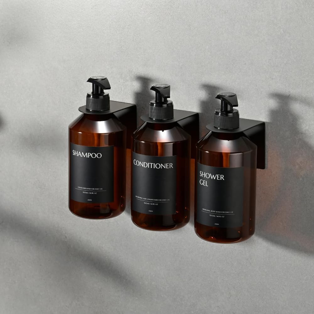 Shampoo and Conditioner Dispenser Set of 3 for Wall Mount | 16.9 fl oz Drill Free Shower Soap Bottles,Refillable Body Wash Dispensers for Bathroom Decor (Amber Bottles + Bamboo Pumps)