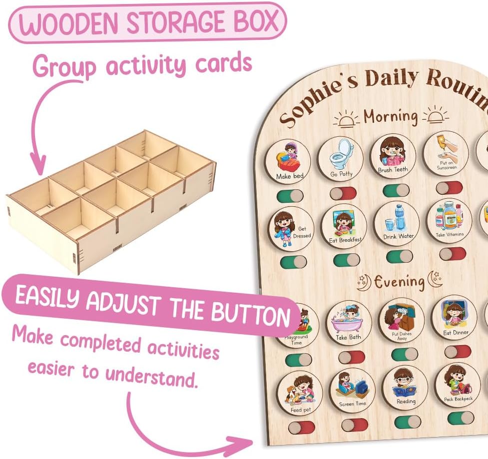 Daily Routine Chart for Kids, Visual Schedule, Routine Chart for Toddlers 3-5, Morning Bedtime Routine Chart for Toddlers, Wooden Chore Chart for Kids