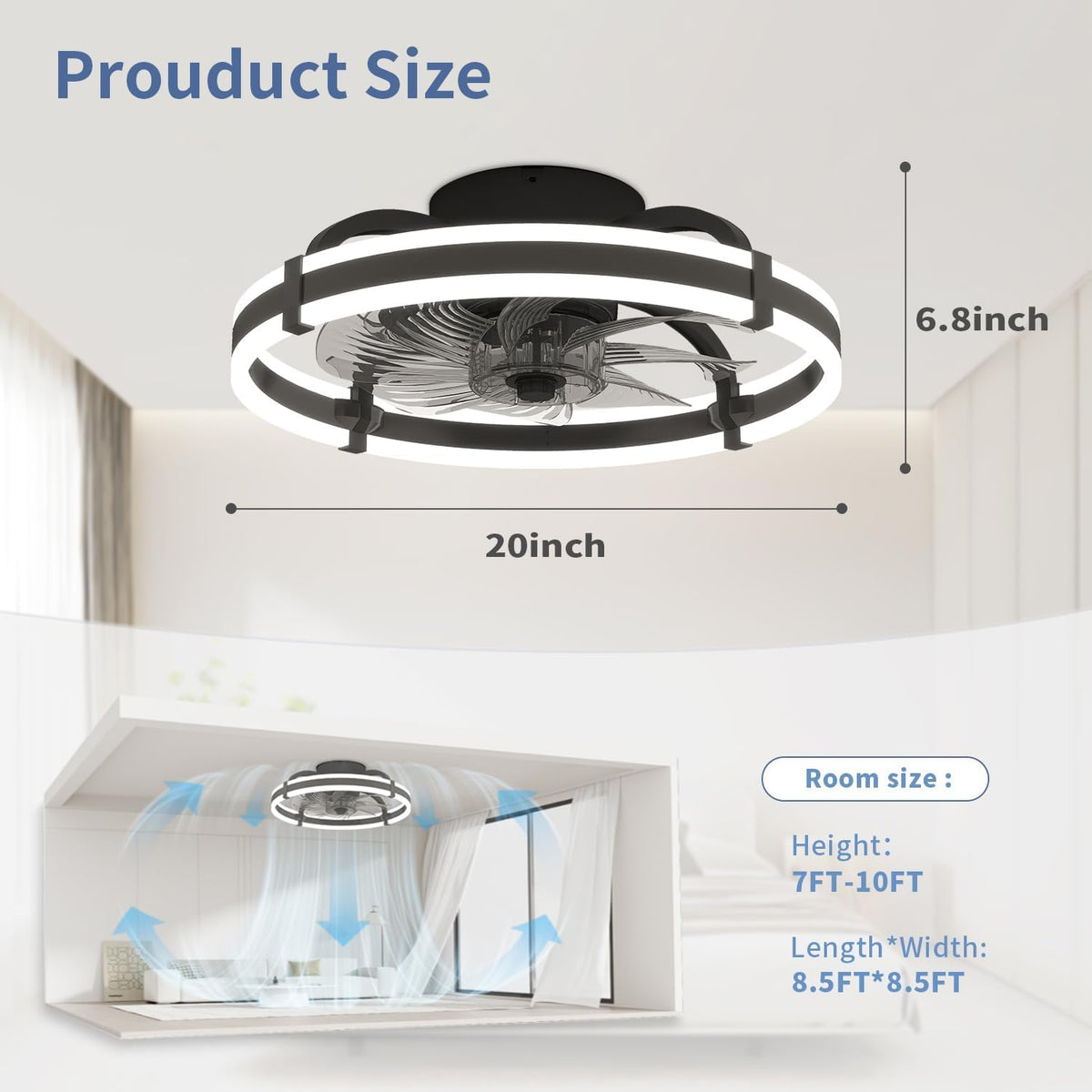18.9" RGB Flush Mount Ceiling Fan with Light, 6 Speeds 3 Colors, Timer