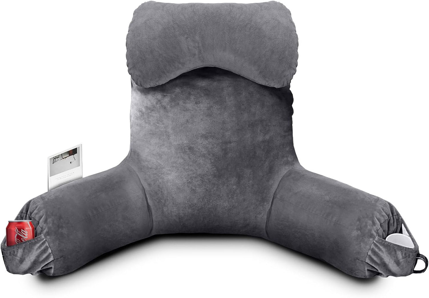 OAISZ Reading Pillow for Sitting in Bed with Shredded Memory Foam, Grey | 19-Inch Back Pillow for Sitting Up in Bed, Extended Arms, Side Pockets, Supportive Adjustable Pillow Removable Washable Cover