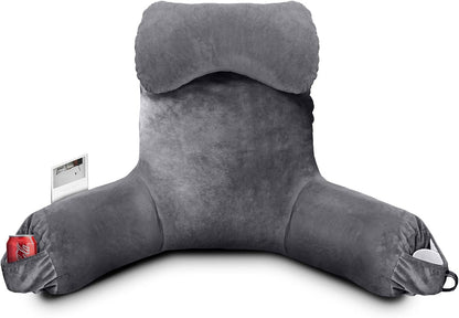 OAISZ Reading Pillow for Sitting in Bed with Shredded Memory Foam, Grey | 19-Inch Back Pillow for Sitting Up in Bed, Extended Arms, Side Pockets, Supportive Adjustable Pillow Removable Washable Cover