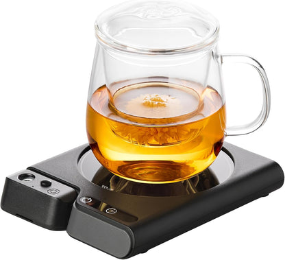 Mug Warmer with 4-Hour Auto Shut Off, 3 Temperature Settings, Frosted Black Rectangular Electric Beverage Heater, Borosilicate Glass Panel, 54-Inch Cord, Coffee Warmer for Desk, Tea Warmer