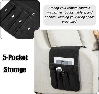 RETON Sofa Armrest Organizer with 5 Pockets, Non Slip Remote Control Caddy with 8 Pieces of Hook and Loop Fasteners, Armchair Caddy Holder Storage for Magazine Recliner Book TV Phone (Black)
