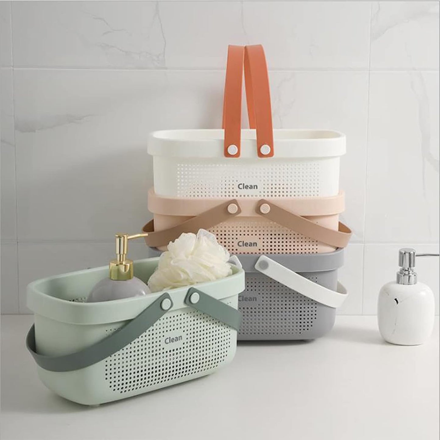 JiatuA Plastic Storage Basket with Handle Portable Shower Caddy Tote Organizer Basket Bin for Bathroom Kitchen Dorm Room Bedroom, Green | Sturdy Drainage Large Capacity Organizer Basket with Silicone Handles for Bathroom Kitchen Bedroom College Dorm