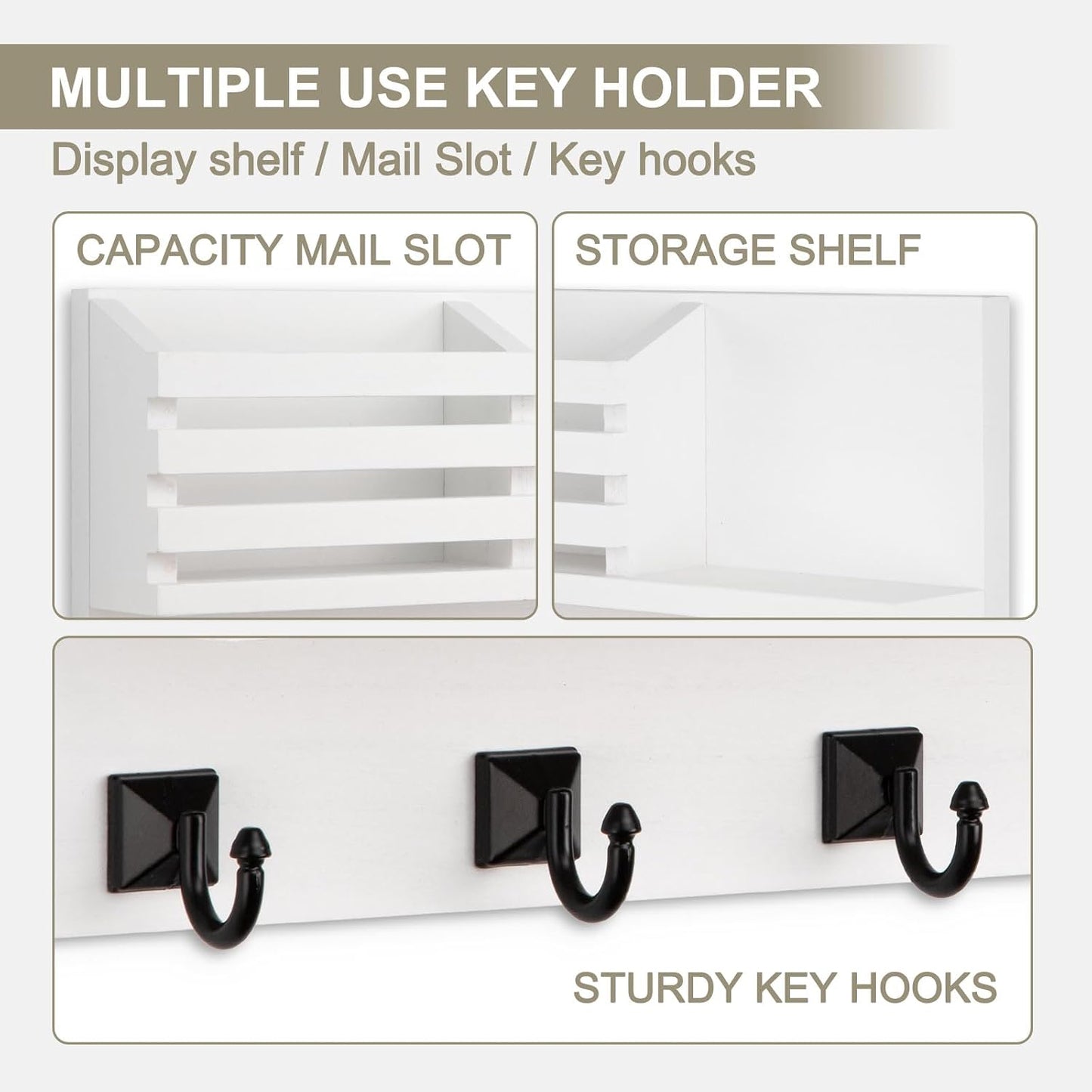 Key Holder Wall Mount, Mail Organizer for Wall with 5 Square Key Hooks | Key Holder for Wall, Key Holder with Shelf Farmhouse Home Decor for Home Entryway