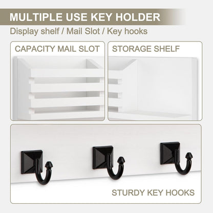 Key Holder Wall Mount, Mail Organizer for Wall with 5 Square Key Hooks | Key Holder for Wall, Key Holder with Shelf Farmhouse Home Decor for Home Entryway