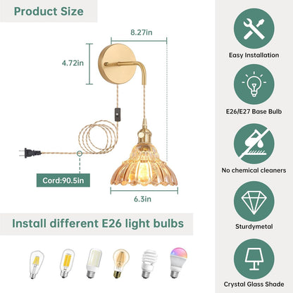 Shenmoyl Battery Operated Wall Sconce Wall Lamp with Green Lily of the Valley Shade Pattern Glass Adjustable Chain Retro Gold Wall Mounted Light, Modern Wall Lamp Fixtures Decor for Bedside Bedroom