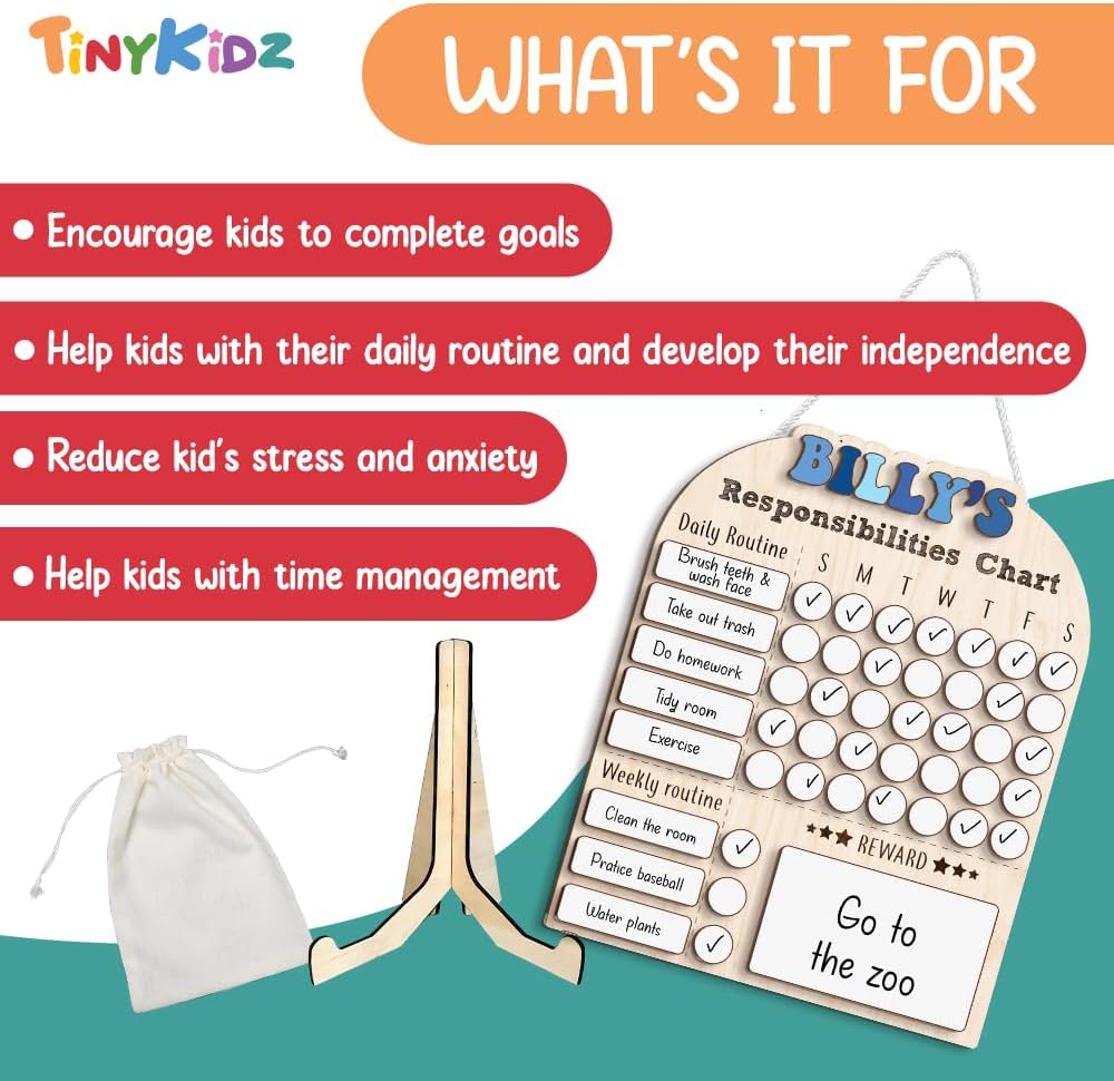 TinyKidz Wooden Daily Routine Chart 11x15, Schedule Board for Kids, Wooden Chore Chart for Kids, Responsibilities Chart for Toddlers, Morning Bedtime Routine for Toddlers