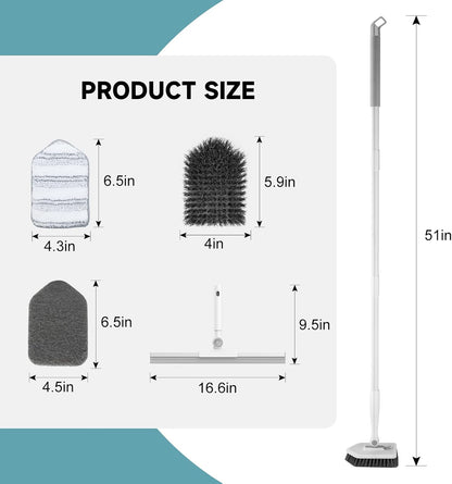 nacena Shower Scrubber with Long Handle, 4 in 1 Tile Tub Scrubber Brush with 3 Detachable Cleaning Heads and V-Shaped Grout Brush Shower Cleaner Brush for Bathroom Kitchen Toilet Tub Sink Wall, Black