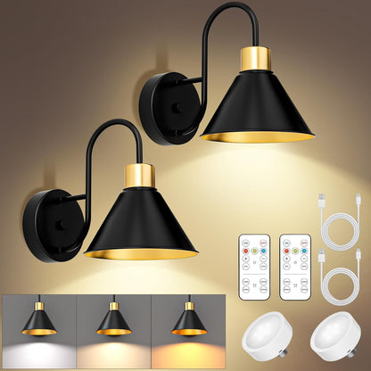 Frideko Rechargeable Wall Sconces Set of Two, 3 Color Dimmable Battery Operated Wall Lights with Remote, Black Wireless Wall Lamp with Timer, Indoor Sconce Lighting for Living Room Bedroom Picture