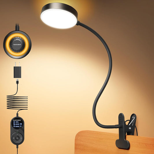 Glocusent 72 LED Desk Lamp, Bed Lamp with Amber Ring& Amber Mode | 3 Colors & 5 Brightness, 2.75" Clamp & 30Min Timer, USB Powered with Remote, Clamp Light for Headboard/Dorm/Bunk/Work/Craft