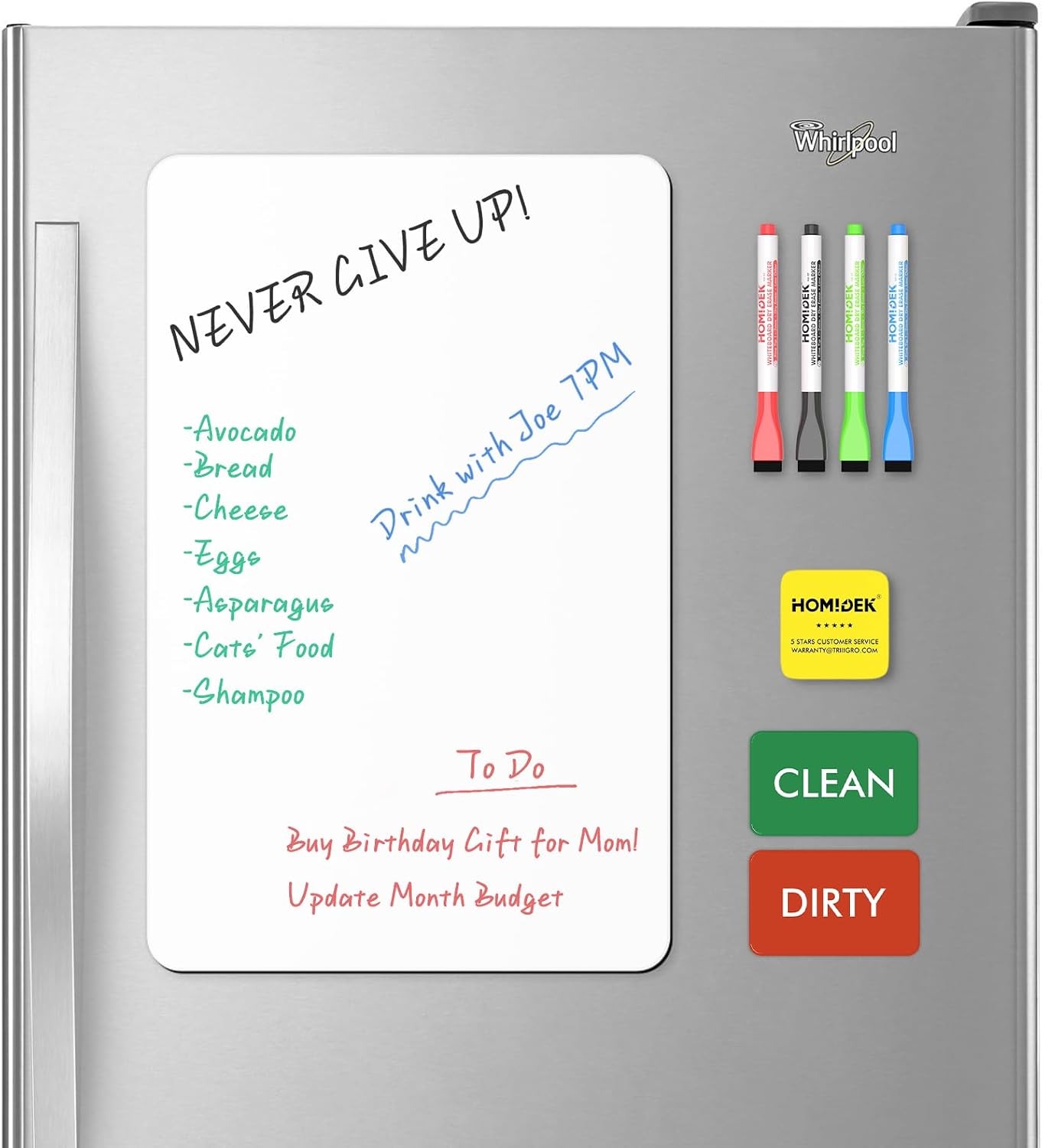 Magnetic Dry Erase Board: Small Fridge Whiteboard, Flexible Refrigerator Magnet White Board, Blank Writing Note Sheet with Dishwasher Magnet Clean Dirty Sign, 4 Markers & Eraser - 12 x 8