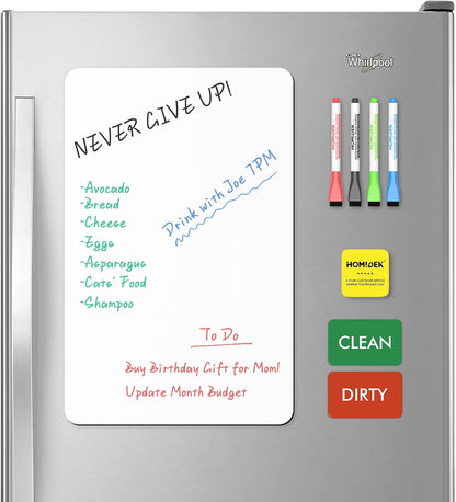 Magnetic Dry Erase Board: Small Fridge Whiteboard, Flexible Refrigerator Magnet White Board, Blank Writing Note Sheet with Dishwasher Magnet Clean Dirty Sign, 4 Markers & Eraser - 12 x 8
