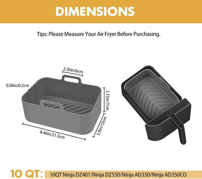 Silicone Air Fryer Liners 10QT, Reusable Airfryer Basket Liners Rectangular for Ninja DZ550/DZ401, 2Pcs 5QT Large Air Fryer Accessories,Replacement Basket Insert with Magnetic Cheat Sheet (2 Pcs Grey)