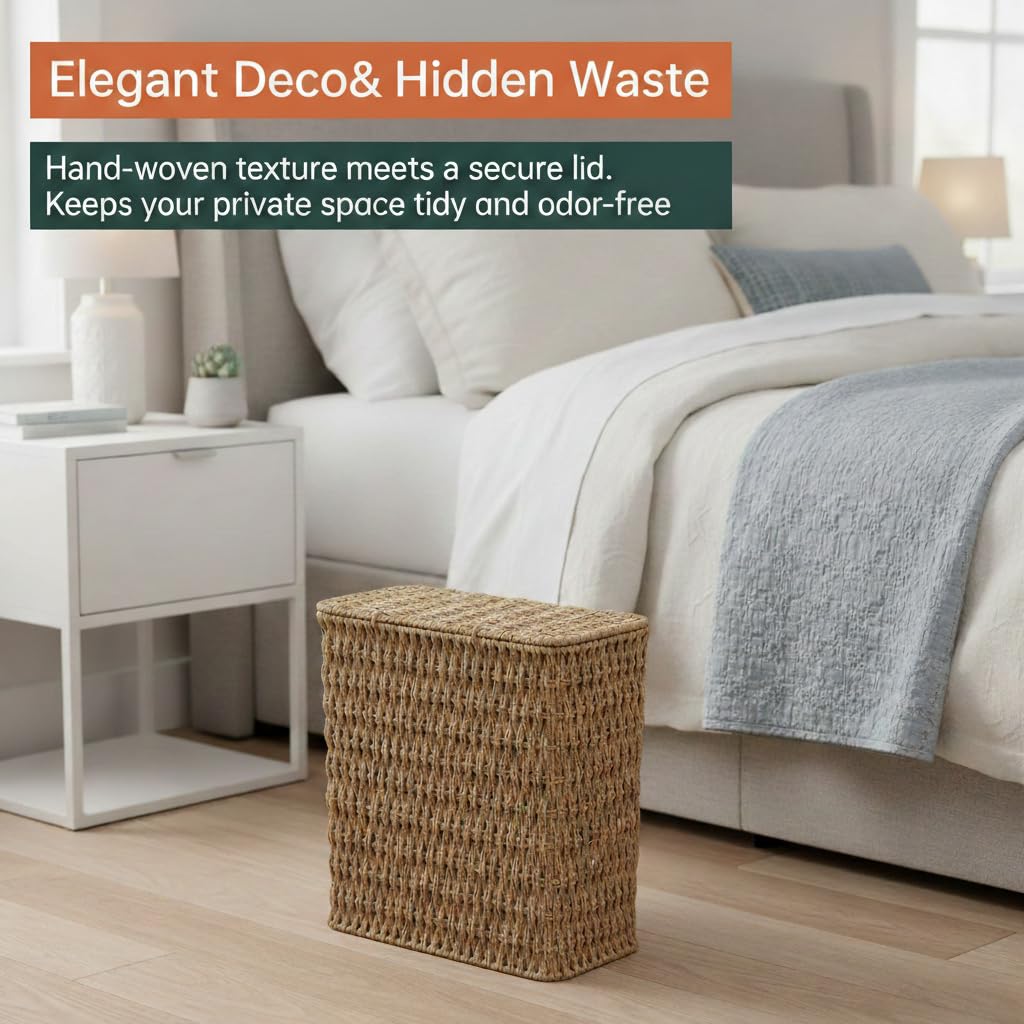 Coeusy 3 Gallon Wicker Trash Can,Small Bathroom Trash Can with Lid,Natural Water Hyacinth Wicker Waste Basket for Bedroom,Toilet,Narrow Garbage Can with Removable Liner