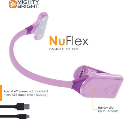 Mighty Bright The Original NuFlex Book Light, Battery-Powered, Warm Eye Care LEDs, Flexible, Durable, Dimmable, Clip-On Reading Light, Read in Bed, Use Batteries or Micro USB (Lavender)