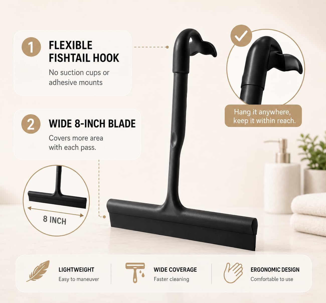 Shower Squeegee for Glass Doors, 8-Inch Silicone, Fishtail Hook, Black | One-Piece Silicone Squeegee for Shower Glass, Fishtail Hook, Non-Slip Grip, Quiet Glide; Tile, Mirrors, Windows & Car Glass