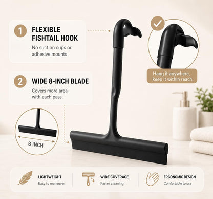 Shower Squeegee for Glass Doors, 8-Inch Silicone, Fishtail Hook, Black | One-Piece Silicone Squeegee for Shower Glass, Fishtail Hook, Non-Slip Grip, Quiet Glide; Tile, Mirrors, Windows & Car Glass