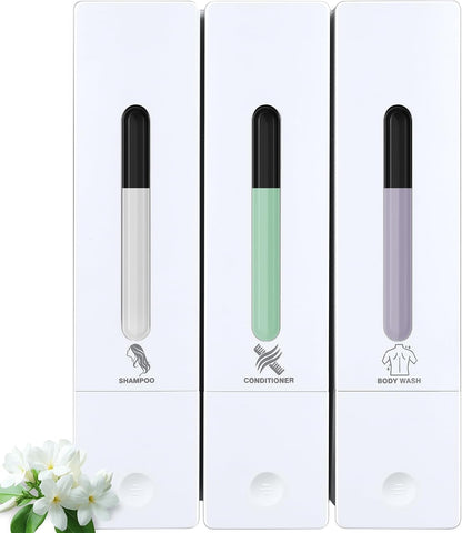 3 Chamber Shampoo and Conditioner Dispenser Set, No Drill Shower Soap | Refillable wall-mounted bottles, BPA-free. 3x400ml. Dispenses shampoo, conditioner,body wash, soap, lotion, gel. Black.
