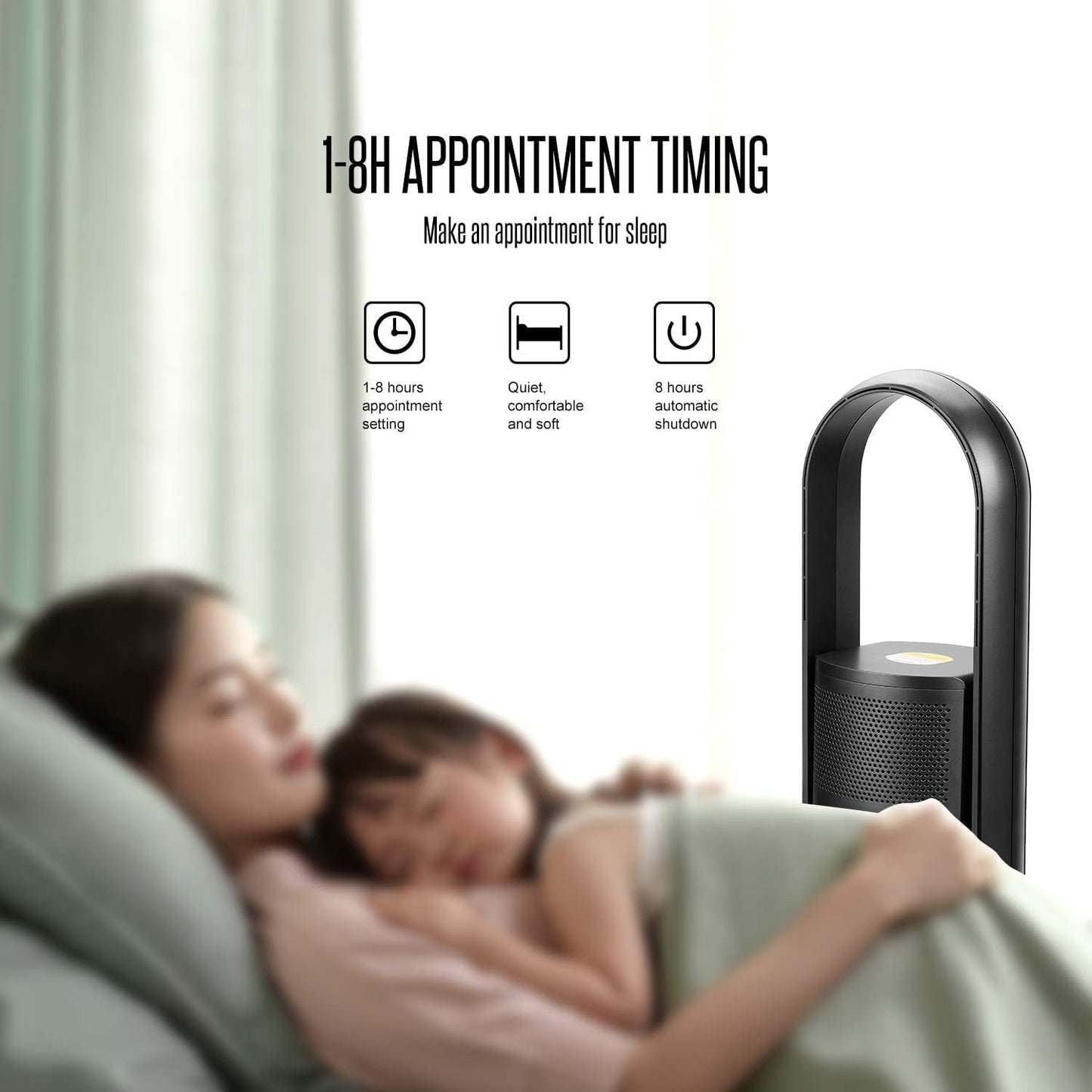 ULTTY Bladeless Tower Fan and Air Purifier Combo, Quiet Oscillating Fan with Remote & Touch Control, 9 Speeds, 8H Timer, HEPA Air Filter, Safe Floor Fan for Bedroom Home Office Black, 23.5"inch
