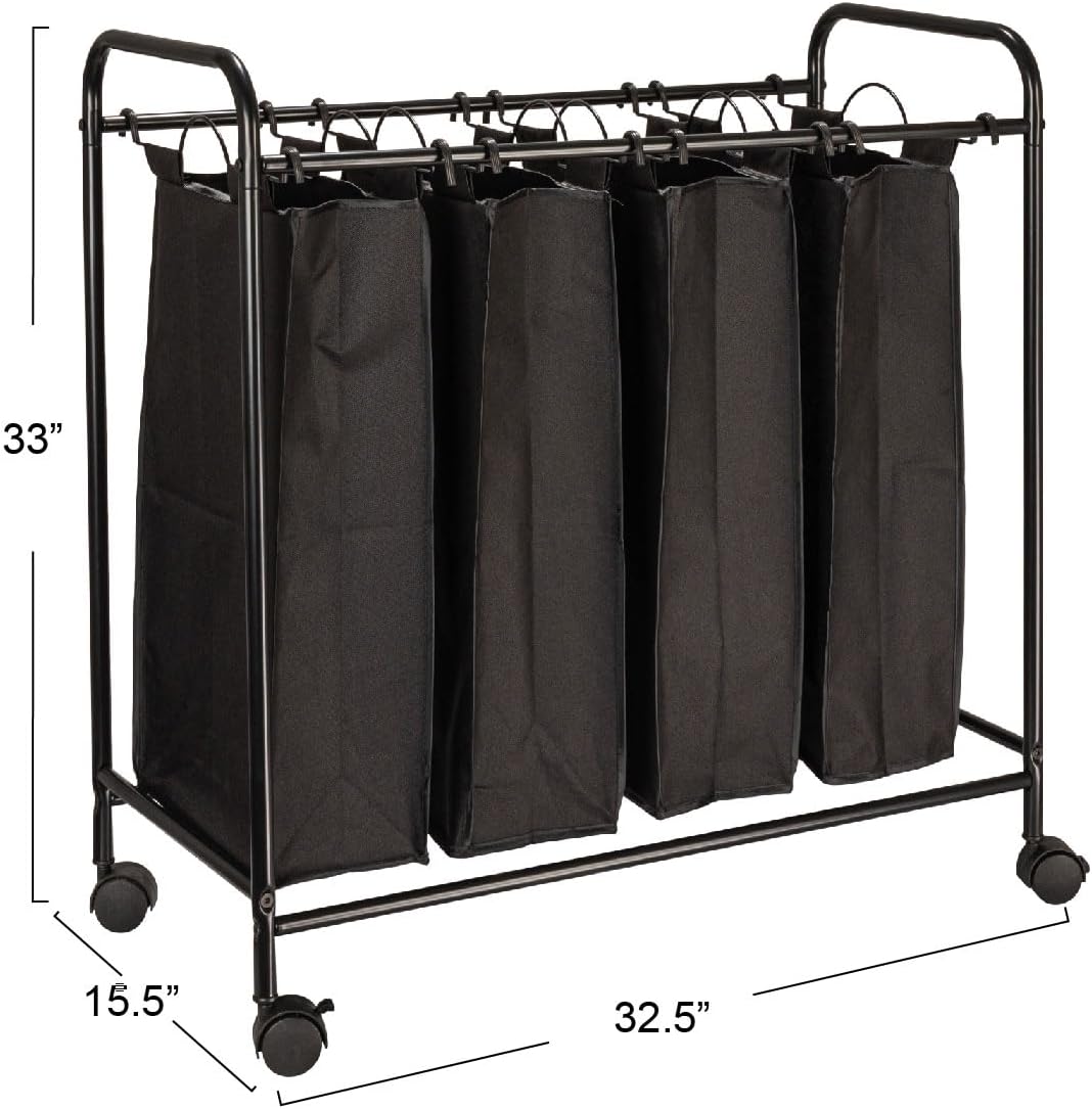 Household Essentials 7173 Rolling Quad Laundry Sorter with Removable Hamper Bags | Antique Bronze Frame