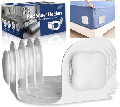 Flelano Sheet Holders 4 Pack,Bed Sheet Grippers One-Size-Fits-Most, Bed Sheet Holders for Corners Easy Installation Keeps Fitted Sheet Tight All Night(White)