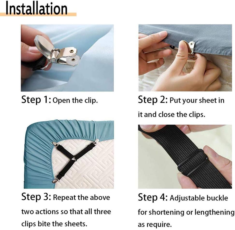 8Pcs Adjustable Bed Sheet Straps Clips, Elastic Mattress Sheet Fasteners Holder and Suspenders, Grippers to Hold Sheet, Mattress, Sofa, Couch, Table Cloth, Recliner Ironing Board Cover and More
