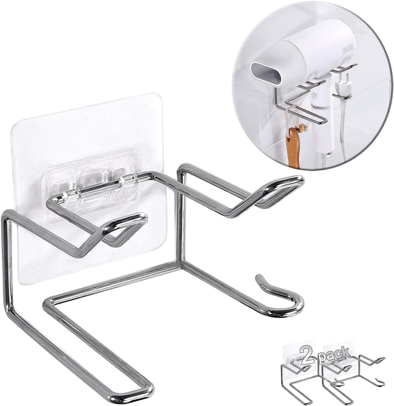 2 Pack Hair Dryer Holder, Wall Mount Self Adhesive Waterproof Blow Dryer Rack Storage Organizer Hanger, Compatible with Dyson and Most Hair Blower Appliance, Brush, Curling Iron, Straightener