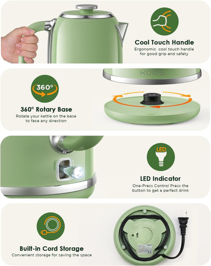 Electric Kettle 1.8L with Temperature Gauge, 1500W Fast Boiling Electric Tea Kettle, 100% Stainless Steel Retro-Style Hot Water Kettle Electric - Glowing LED Light, Auto Shut-Off & Boil-Dry Protection