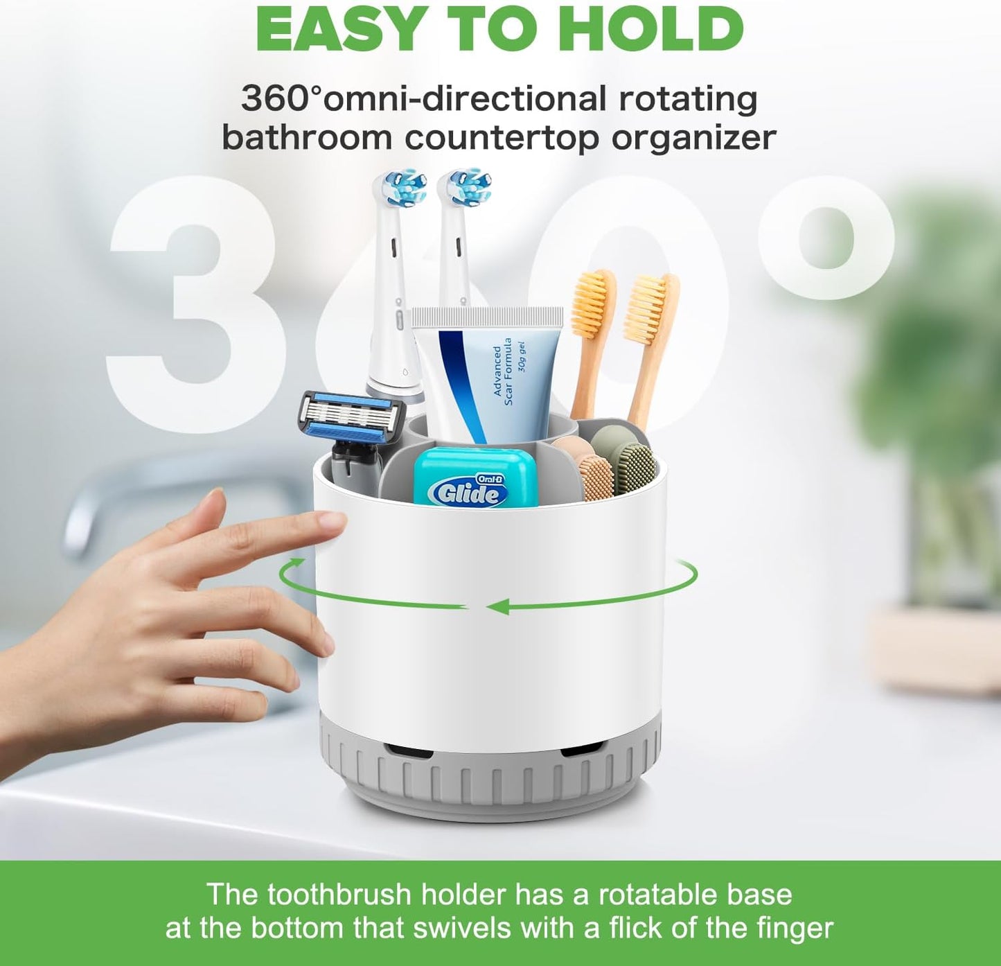 GFWARE Rotating Silver Toothbrush Holder for Bathroom Organizer, Drainage | Detachable 6 Slots Kids Electric Toothbrush and Toothpaste Holder, Bathroom Countertop Sink Storage Caddy