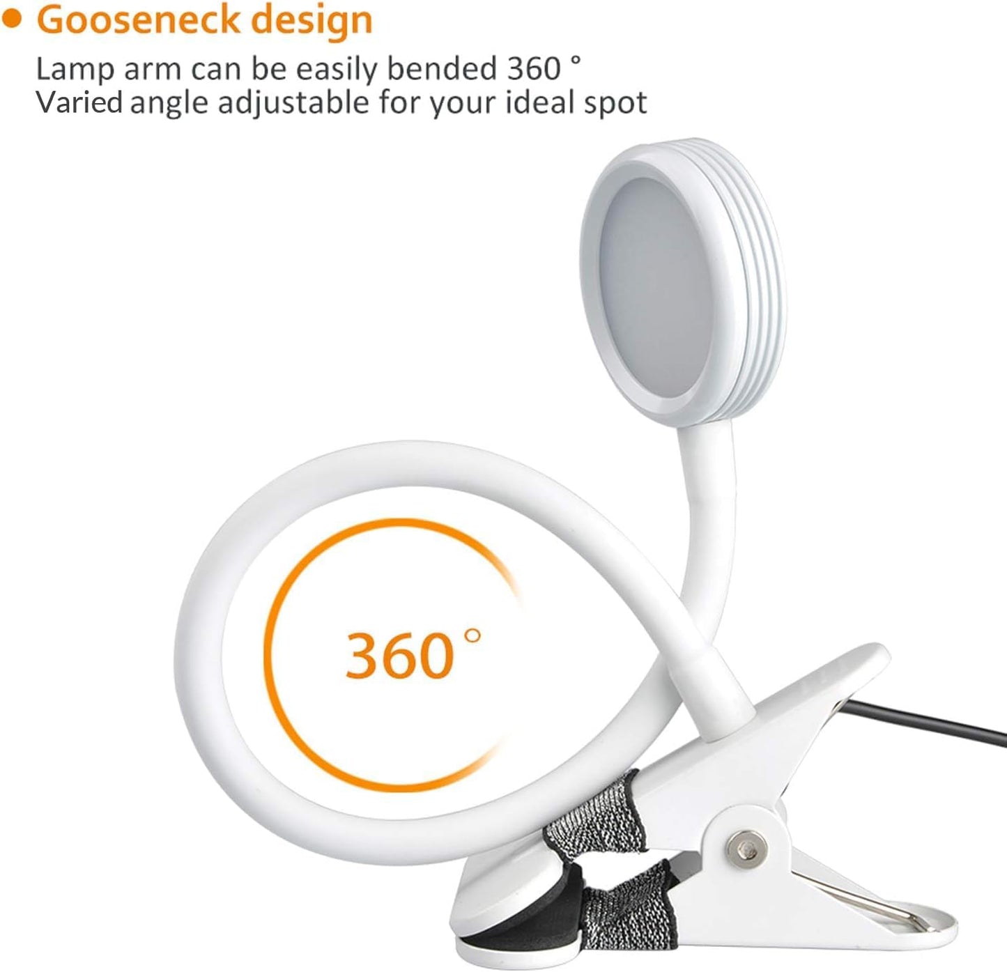 LEPOWER Clip on Light, Book Reading Lamp for Desk, Bed Headboard and Dorm | Adjustable Gooseneck, Color & Brightness Changeable, Adapter Included, LED Table Lamp for Computer, Bedside, Metal, White