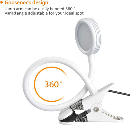 LEPOWER Clip on Light, Book Reading Lamp for Desk, Bed Headboard and Dorm | Adjustable Gooseneck, Color & Brightness Changeable, Adapter Included, LED Table Lamp for Computer, Bedside, Metal, White