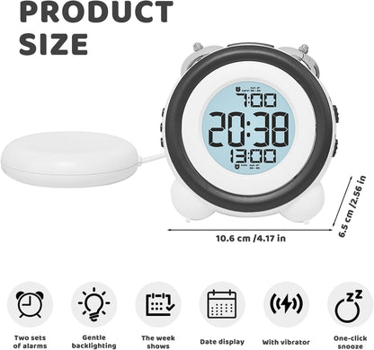 Alarm Clock with Bed Shaker Vibrating Alarm Clock with Bed Shaker, Battery Operated Loud for Heavy Sleepers with Dimmer, Snooze and Date Display, White