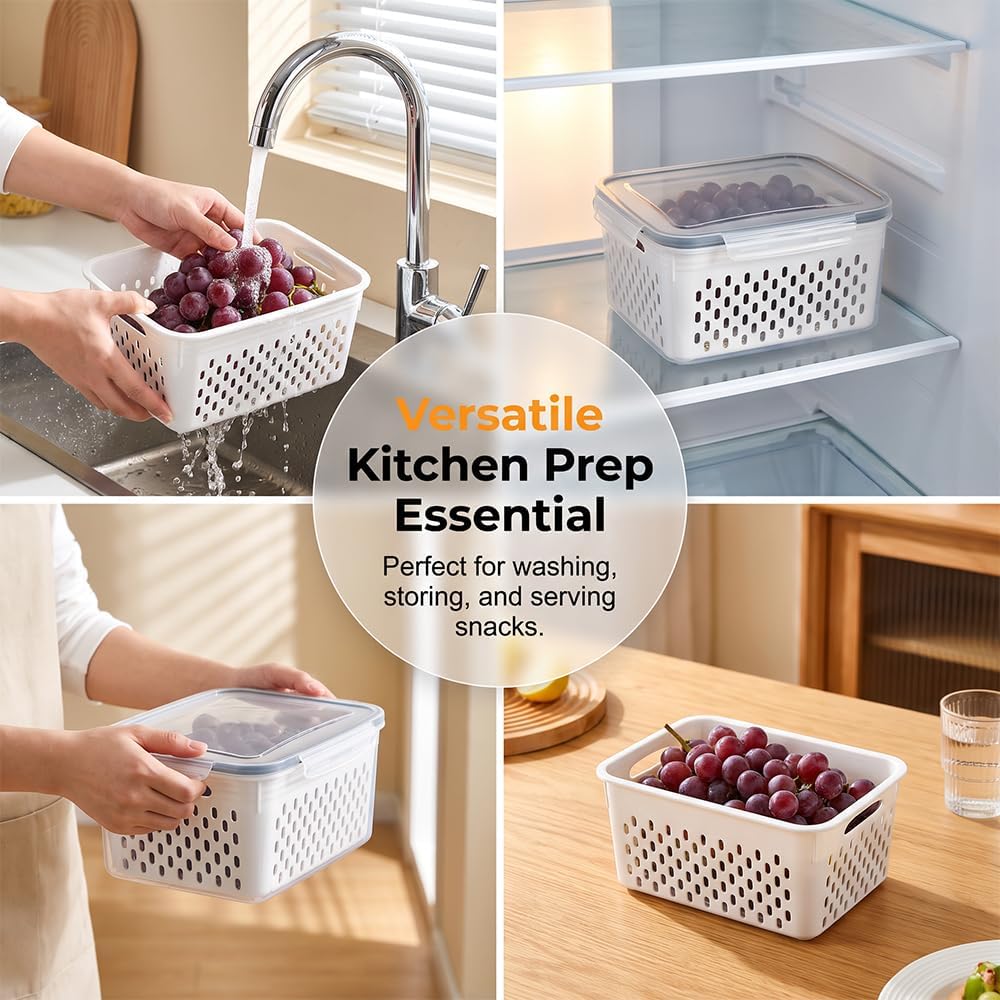 Fruit Storage Containers for Fridge, Leakproof Produce Containers with Colanders & Lids, Refrigerator Organizers and Storage for Berry Vegetable Salad Lettuce Meat Food, Blue, S+M+L