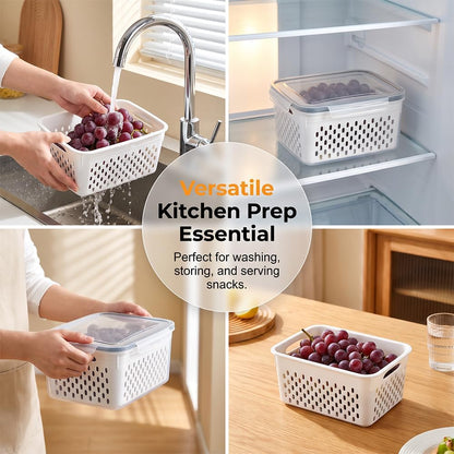 Fruit Storage Containers for Fridge, Leakproof Produce Containers with Colanders & Lids, Refrigerator Organizers and Storage for Berry Vegetable Salad Lettuce Meat Food, Blue, S+M+L